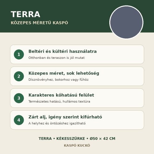 Kékesszürke Terra közepes méretű kaspó fő tulajdonságai
