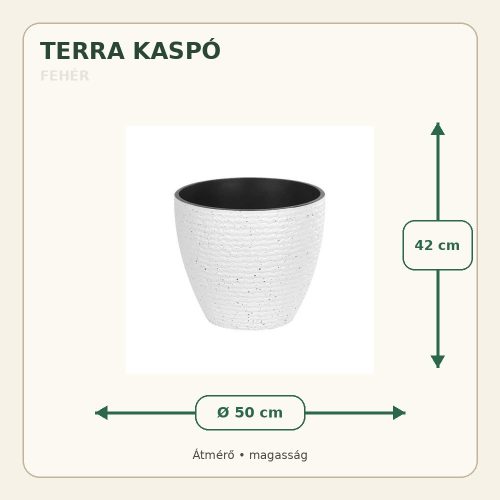 Fehér Terra kaspó méretei: 50 cm átmérő és 42 cm magasság