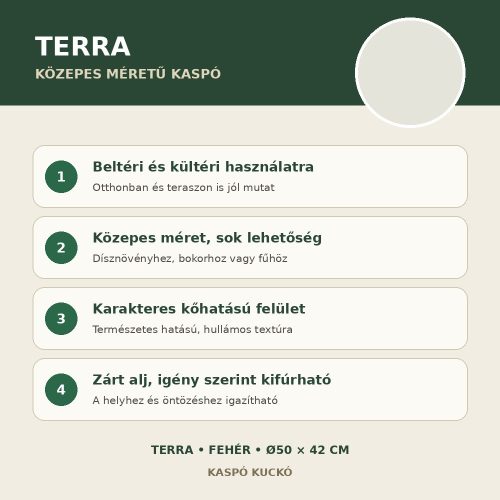 Fehér Terra közepes méretű kaspó fő tulajdonságai