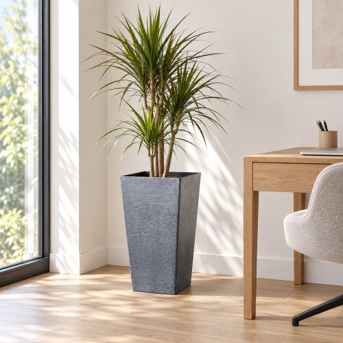 Kékesszürke Loft kaspó dracénával modern dolgozószobában