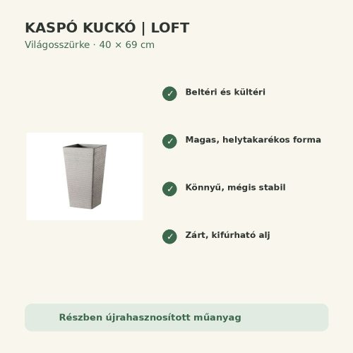 Világosszürke Loft kaspó fő tulajdonságai és előnyei