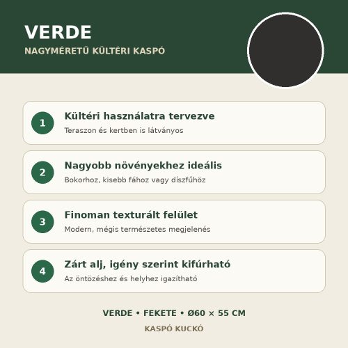 Fekete Verde nagyméretű kültéri kaspó fő tulajdonságai
