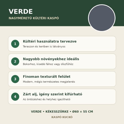 Kékesszürke Verde nagyméretű kültéri kaspó fő tulajdonságai