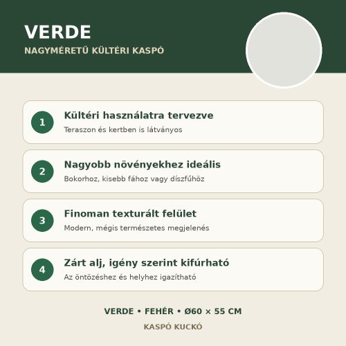 Fehér Verde nagyméretű kültéri kaspó fő tulajdonságai