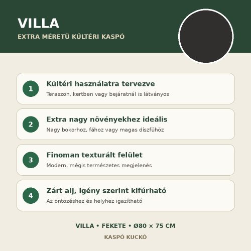 Fekete Villa extra méretű kültéri kaspó fő tulajdonságai