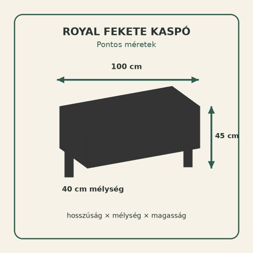 Royal fekete kaspó méretei – 100 × 40 × 45 cm