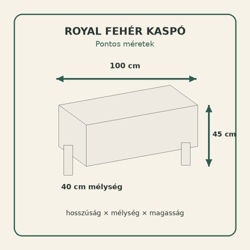 Royal fehér kaspó méretei – 100 × 40 × 45 cm
