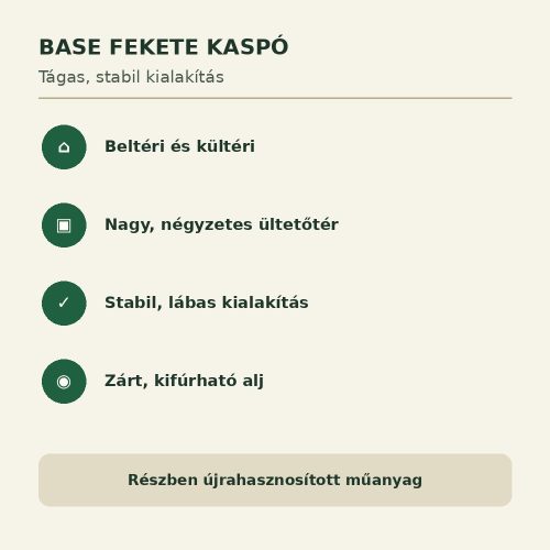 Base fekete kaspó tulajdonságai beltéri és kültéri használathoz