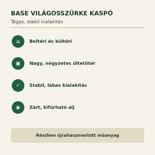 Base világosszürke kaspó tulajdonságai beltéri és kültéri használathoz