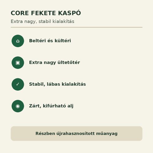 Core fekete kaspó tulajdonságai beltéri és kültéri használathoz