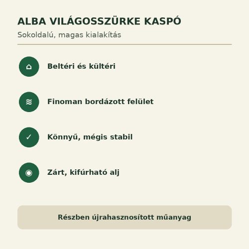 Alba világosszürke kaspó tulajdonságai beltéri és kültéri használathoz