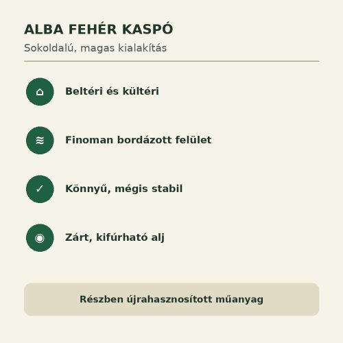 Alba fehér kaspó tulajdonságai beltéri és kültéri használathoz